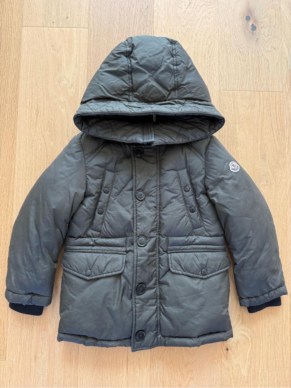 Moncler Boys Down Jacket in a beautiful olive green, size 5